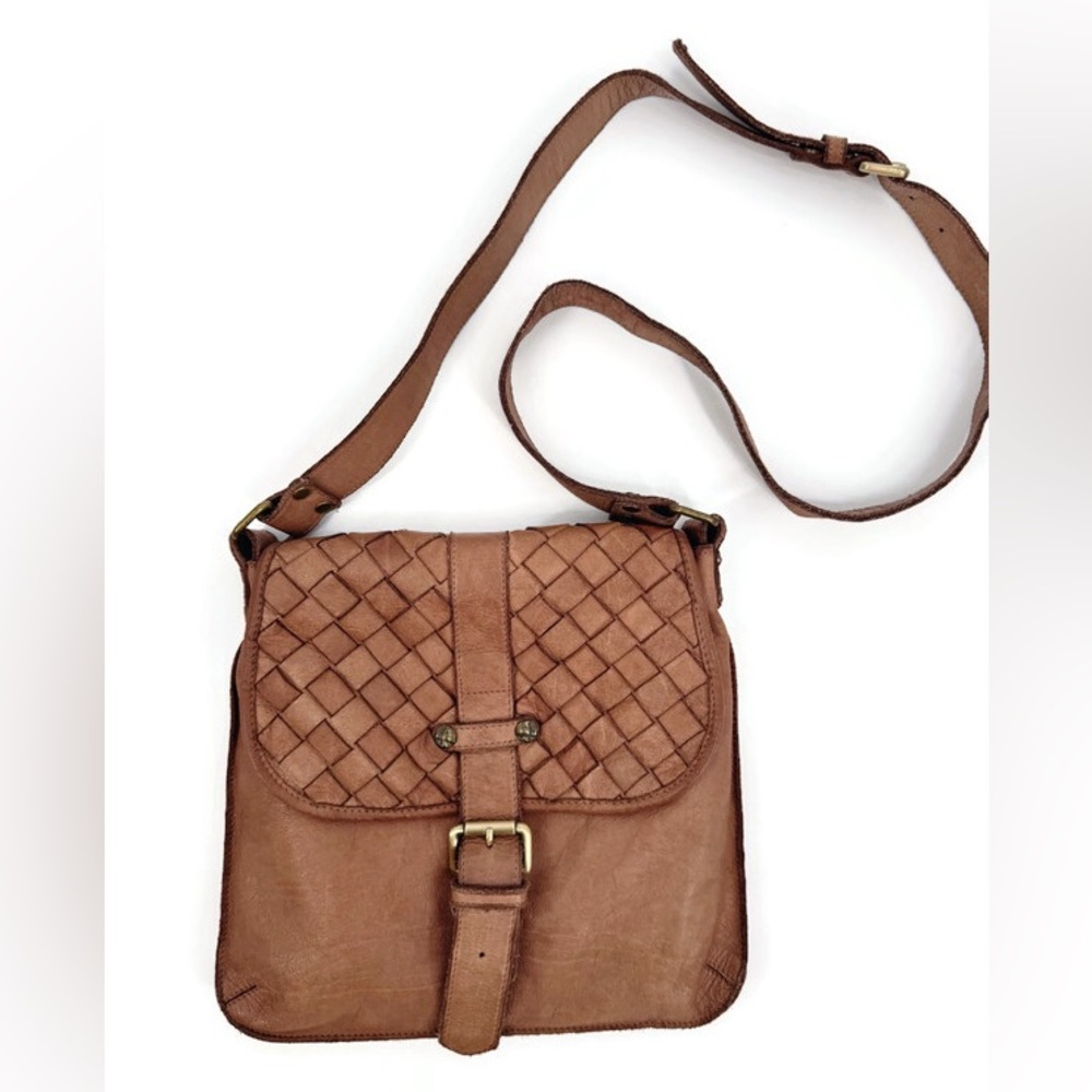 Civico 93 Genuine Leather‎ Woven Flap Crossbody Bag Brown Made in Italy